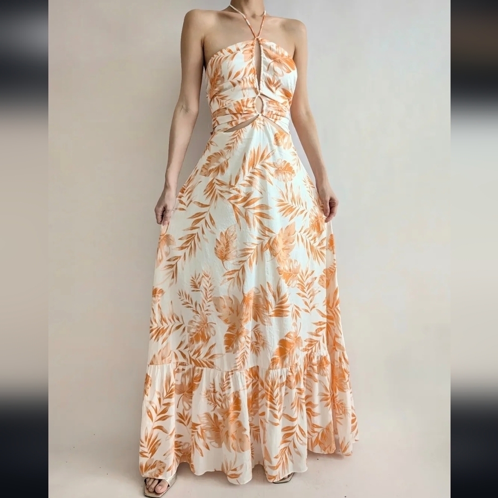 NWT Pearl + Sea Australian Women's Halter Floral Leaves Maxi Boho Dress Size 2